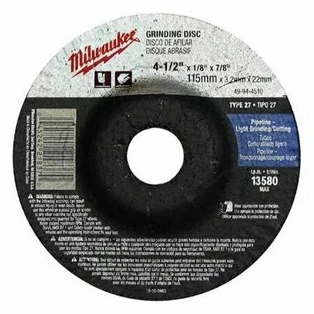 MILWAUKEE TOOL 4 1/2 in. X .25 Th X 7/8 in. Arbor Type 27 Grinding Wheel ML49-94-4520